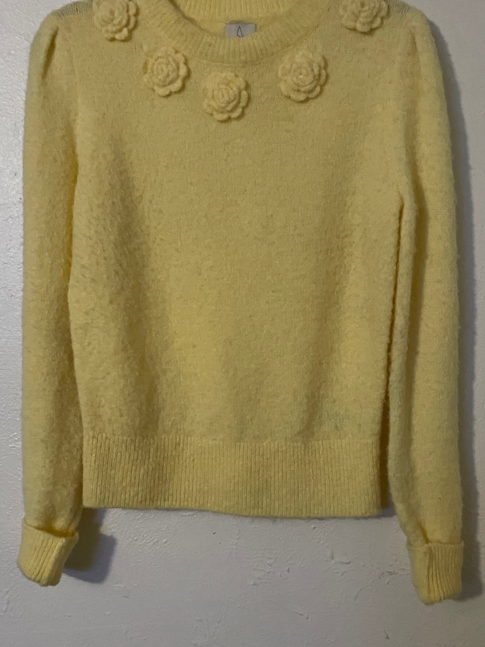 Joie Butter/Lemon Yellow Fuzzy Rosette Crew Neck Long Puff Sleeve Sweater XS
